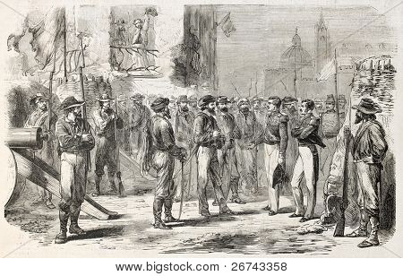 Military negotiation between Neapolitan deputies and Sicilian staff. Created by Godefroy-Durand after Crapelet, published on L'Illustration, Journal Universel, Paris, 1860