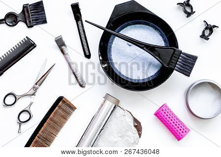 Tools For Hair Dye And Hairdye Top View White Background