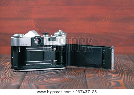 Moscow, Russia, April 20, 2017. The Old Soviet 35 Mm Slr Camera Zenit B, Released 1969.