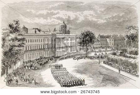 Military parade in Brussels celebrating 29th anniversary of Kingdom installation. Created by Godefroy-Durand, published on L'Illustration, Journal Universel, Paris, 1860