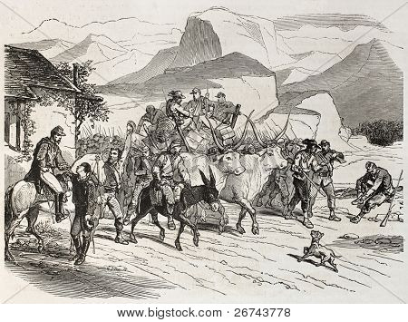 Wolontariusze garibaldian marsz ku Sycylii. Utworzone przez Bertall, opublikowany na L'Illustra