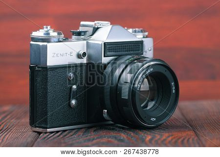 Moscow, Russia, April 20, 2017. The Old Soviet 35 Mm Slr Camera Zenit E, Released 1980.