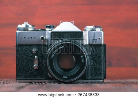 Moscow, Russia, April 20, 2017. The Old Soviet 35 Mm Slr Camera Zenit E, Released 1980.