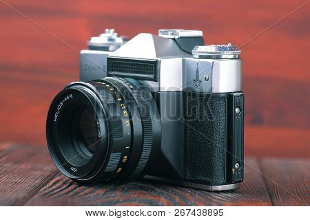 Moscow, Russia, April 20, 2017. The Old Soviet 35 Mm Slr Camera Zenit E, Released 1980.