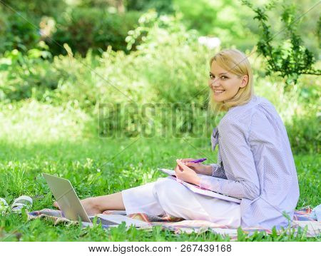 Stay Free With Remote Job. Managing Business Remote Outdoors. Woman With Laptop Sit Grass Meadow. Be