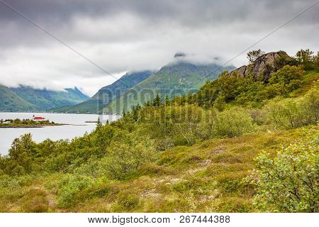 Fjord Landscape With Sildpollnes Chapel, Lofoten Islands, Sildpollneset Peninsula On Of Austvagoya, 