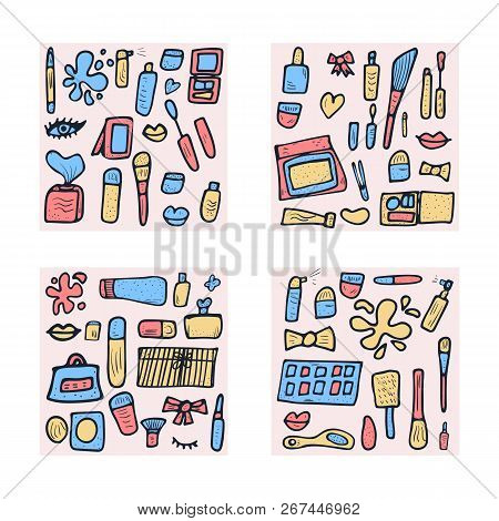 Vector Beauty Items. Set Square Composition Of Doodle Style Cosmetic Tools. Makeup Collection.