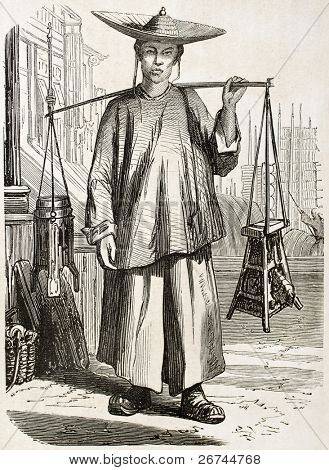 Kinesiske omrejsende barber gamle illustration. Lavet af Grandsire, offentliggjort på L'Illustration, Journa