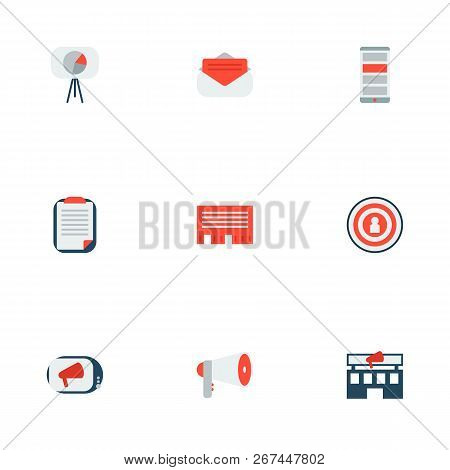 Set Of Advertising Icons Flat Style Symbols With Client Brief, Promotion, Target And Other Icons For
