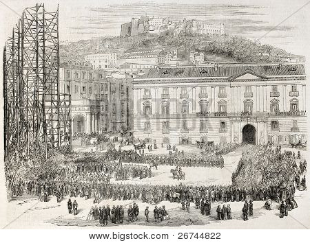 Hungarian legion in Naples, Italy. Created by Godefroy-Durand after photo of Bernoud, published on L'Illustration, Journal Universel, Paris, 1860