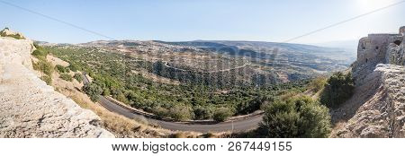 Panoramic Wiew Of The Nearby Valley From The Wall In Nimrod Fortress Located In Upper Galilee In Nor