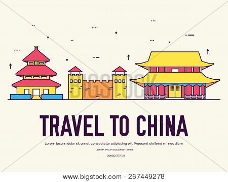 Country China Travel Vacation Of Place And Feature. Set Of Architecture, Item, Nature Background Con