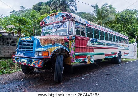 Portobelo, Panama  - May 28, 2016: Colorful Chicken Bus, Former Us School Bus. In Portobelo Village 
