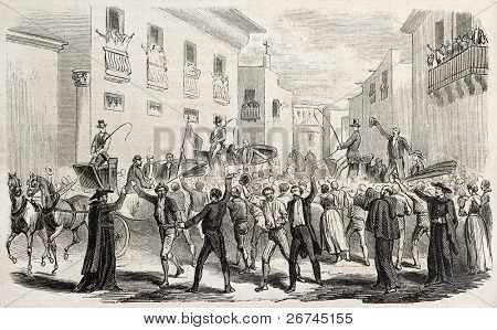 Neapolitans releasing eight prisoners in Palermo. Created by Godefroy-Durand, published on L'Illustration, Journal Universel, Paris, 1860