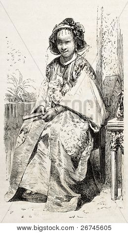 Kinesisk pige gamle illustration. Lavet af Grandsire, offentliggjort på L'Illustration, Journal Universel,