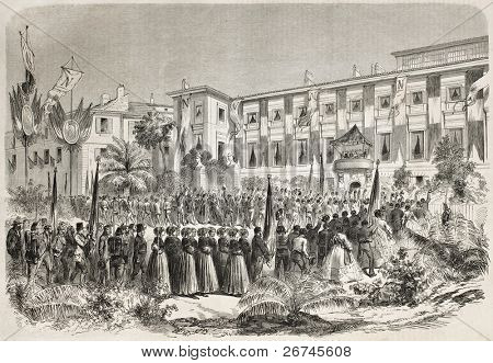 demonstrators in front of Imperial palace in Nice, France. Created by Godefroy-Durand after Marc and Galletti,  published on L'Illustration, Journal Universel, Paris, 1860