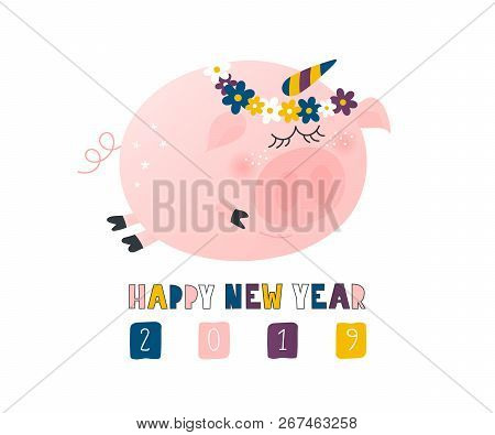 Postcard With Cute Funny Pig Unicorn - Symbol Of The Year In The Chinese Calendar 2019. Piggy Cartoo