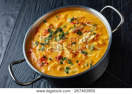 Delicious Butternut Squash Chicken Breast Creamy Soup In A Metal Casserole On Black Wooden Table, Cl