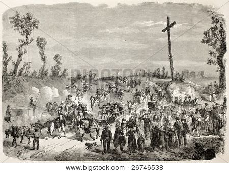 Rennes surroundings dwellers coming in town in occasion of imperial couple arrival. Created by Godefroy-Durand after Vaumort, published on L'Illustration, Journal Universel, Paris, 1858