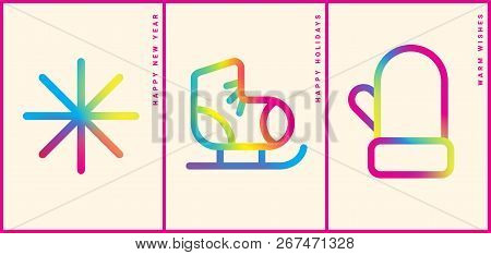 Winter Holidays Greeting Card With Colorful Gradient Pictograms. Happy New Year. Modern Design Templ