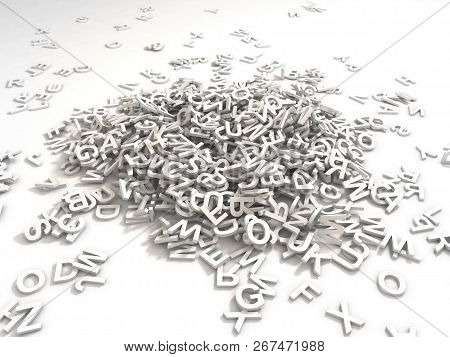 A Jumbled Pile Of 3d Illustrated White Uppercase Letters Over A White Background.  Great For Typegra