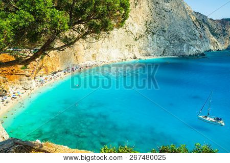Porto Katsiki Beach In Lefkada Island, Greece. Beautiful View Over The Beach. The Water Is Turquoise