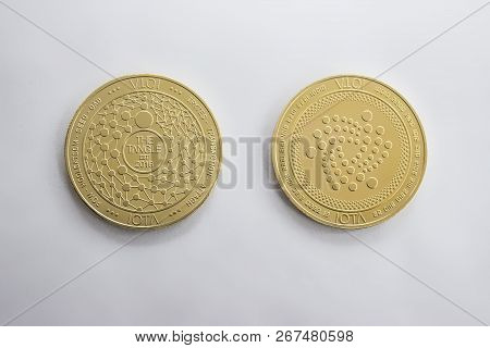 On A White Background Is Isolated The Front And Back Side Of Gold Coin Of A Digital Crypto  Currency