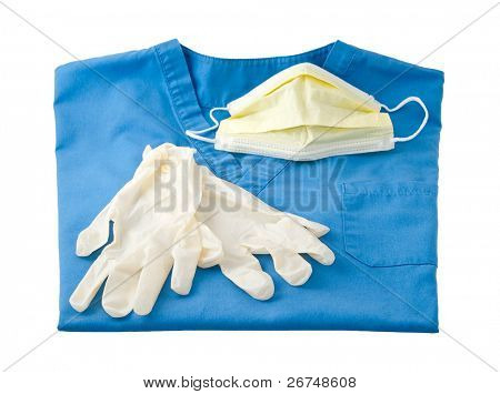 Cerca de laboratorio azul casaca de una ayuda atención aislado en blanco.