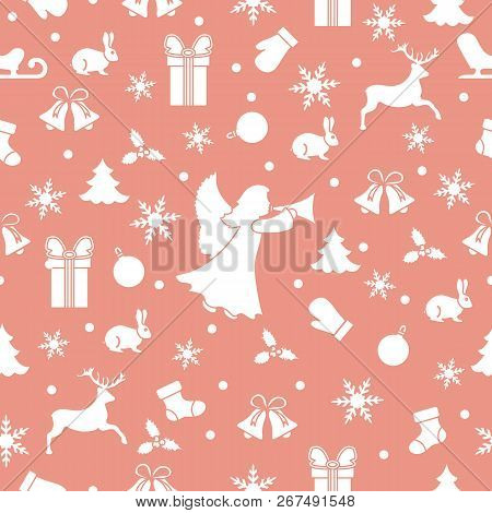 Happy New Year 2019 And Christmas Seamless Pattern. Winter Illustration With Angel, Mittens, Rabbit,