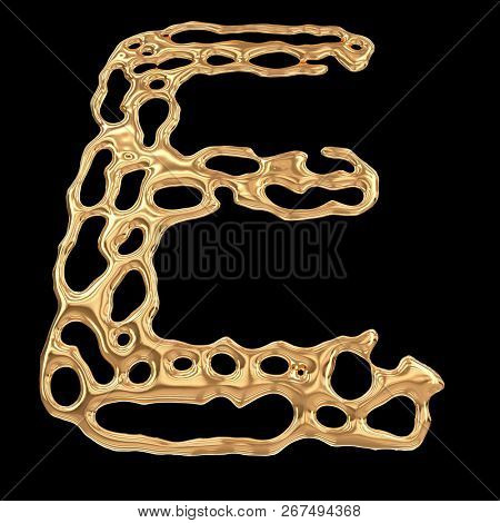 Letter E made of gold drops isolated on black background. 3d rendering.