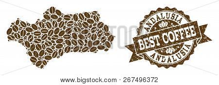 Compositions Of Coffee Map Of Andalusia Province And Grunge Stamp Seal. Mosaic Vector Map Of Andalus