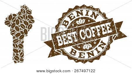 Compositions Of Coffee Map Of Benin And Grunge Stamp Seal. Mosaic Vector Map Of Benin Is Created Wit