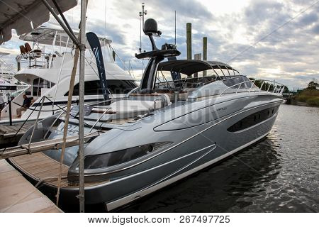 NORWALK, CT, USA-SEPTEMBER 22, 2018: Riva 63 Virtus displayed by Allied Marine on  Progressive Norwalk Boat Show 2018.