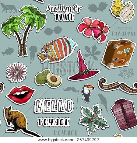 Seamless Pattern With Summer Travel Stickers Set.