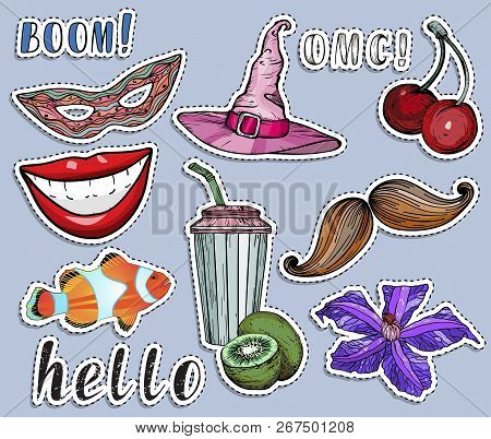 Colorful Stickers Set. Party And Summer Exotic Concept.
