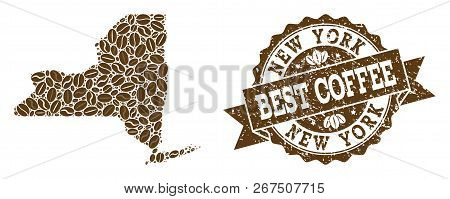 Compositions Of Coffee Map Of New York State And Grunge Stamp Seal. Mosaic Vector Map Of New York St