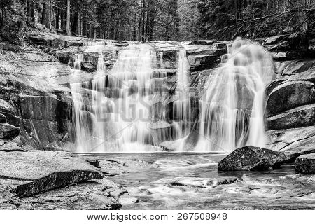Mumlava Waterfall In Autumn, Harrachov, Giant Mountains, Krkonose National Park, Czech Republic.