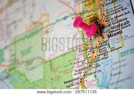 A Map Of Miami, Florida Marked With A Push Pin.