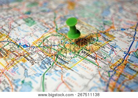 A Map Of Orlando, Florida Marked With A Push Pin.