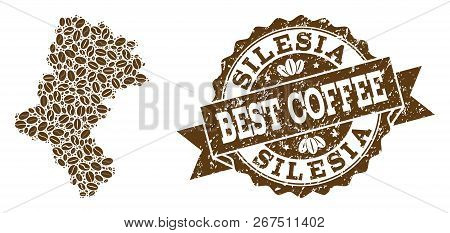 Compositions Of Coffee Map Of Silesia Voivodeship And Grunge Stamp Seal. Mosaic Vector Map Of Silesi