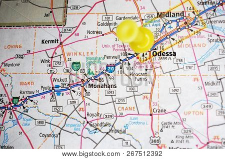A Map Of Odessa, Texas Marked With A Push Pin.