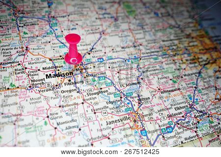 A Map Of Madison, Wisconsin Marked With A Push Pin.