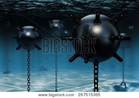 Underwater Mines, Naval Mines In The Sea. 3d Rendering