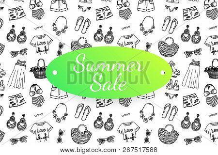Summer Sale Banner With Hand Drawn Fashion Clothes And Accessoires. Doodle Illustration