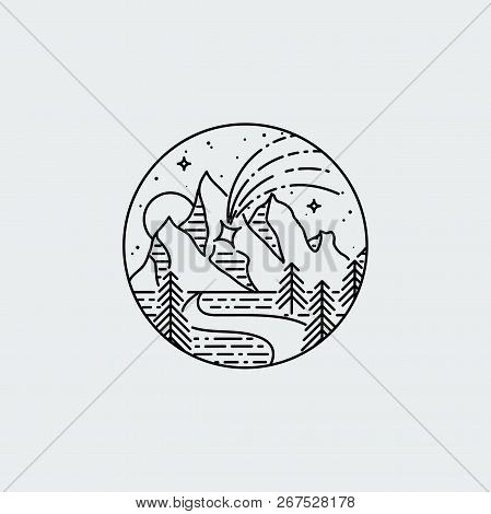 Night Mountains With Starfall. Nature Exploration Vector Vintage Poster. Modern Flat Linear Vector I