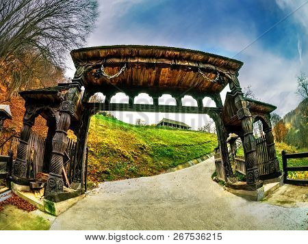 Traditional Wooden Gate, Symbol Of Maramures, In Sighetu Marmatiei, Romania