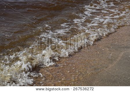 Brown Water. The Sea Is Brown. Coastal Sea Waves. Seawater With Seaweed. Coastal Algae. Sea Beach