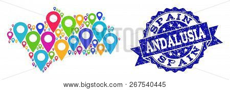 Compositions Of Colorful Map Of Andalusia Province And Grunge Stamp Seal. Mosaic Vector Map Of Andal