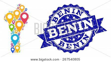 Compositions Of Colorful Map Of Benin And Grunge Stamp Seal. Mosaic Vector Map Of Benin Is Composed 