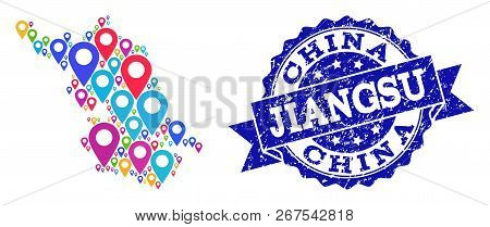 Compositions Of Bright Map Of Jiangsu Province And Grunge Stamp Seal. Mosaic Vector Map Of Jiangsu P